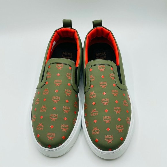 MCM: Moss Green Orange Logo Leather Slip On Sneaker MEX9AMM61G8 main image 4